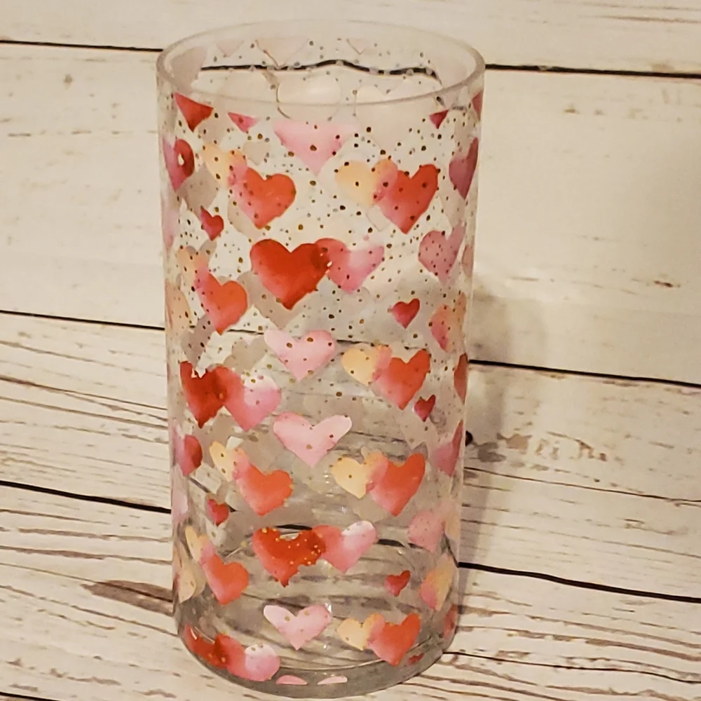 Clear glass vase with hearts and gold metallic dots red, pink, peach large